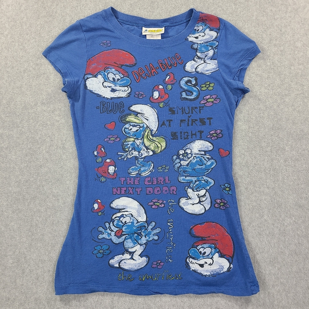 Vintage Y2K Smurfs Graphic Shirt Womans Large Blue Slim Fit Tee Jenny Leigh